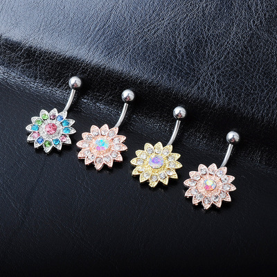 Cross border Commodity fashion Petal Navel ring Europe and America Diamond Sun flower Umbilical nail Supplying