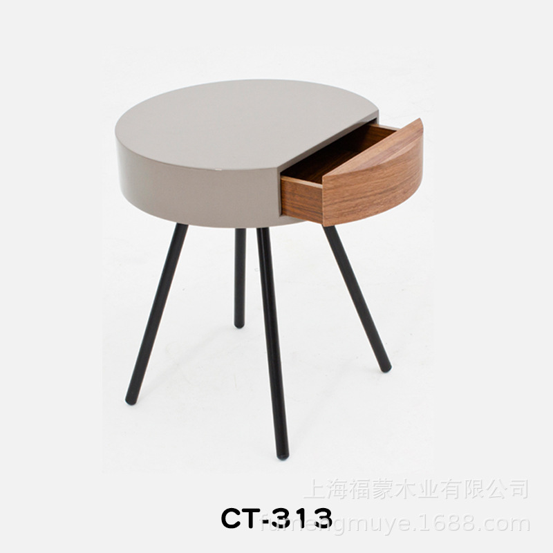 北欧简约客厅边几灰色角几胡桃木家具储物圆几带抽屉小边柜铁艺