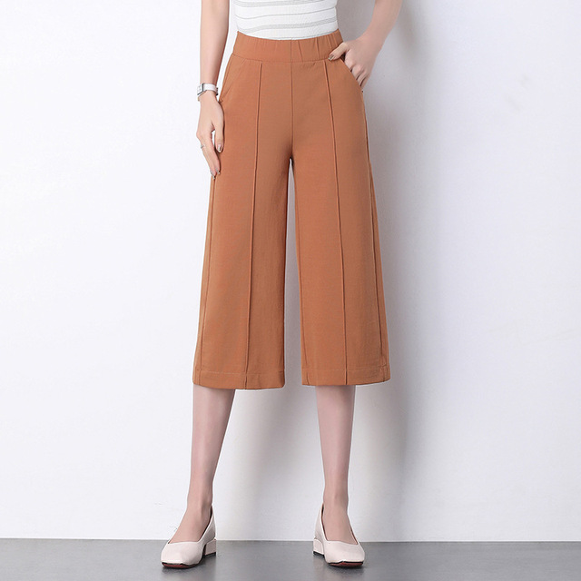 Korean thin casual ice silk hemp seven leg wide leg pants for women 2019 new fashionable all-around high waist casual pa