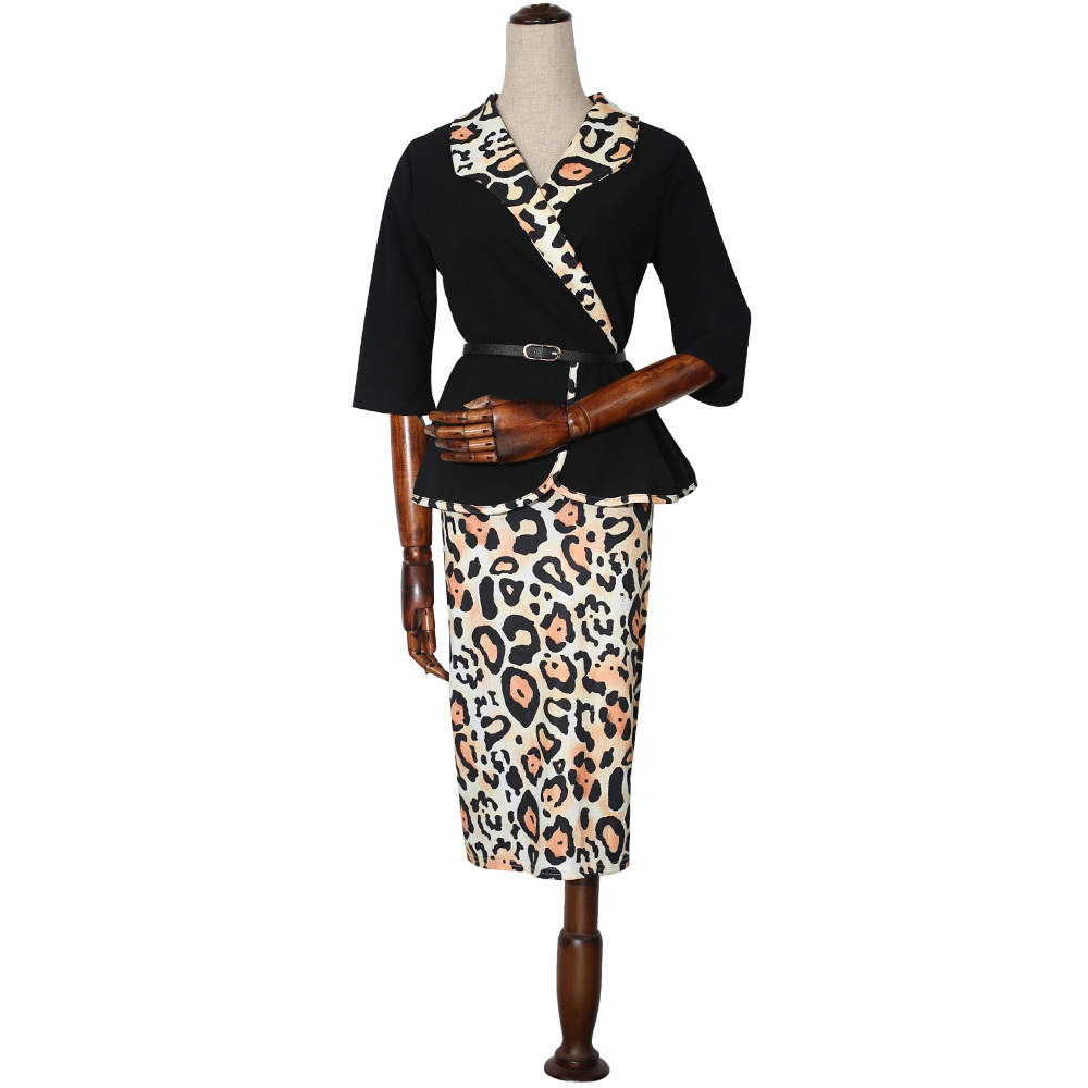 2022 Cross-border Women's Clothing AliExpress Africa Hot Women's Lapel Ruffled Top + Leopard Print Slim-fit Skirt