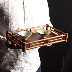 手工竹蓆麵茶棚茶杯架 功夫茶具干泡台茶托盤 茶道收納杯托奉茶盤