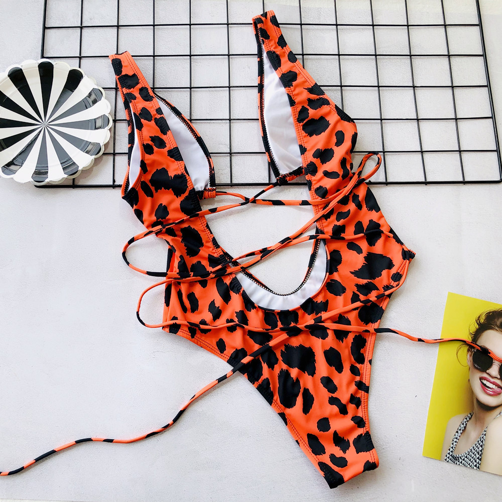 nuevo bikini de una pieza con estampado de leopardo y tirantes huecos NSDA1275