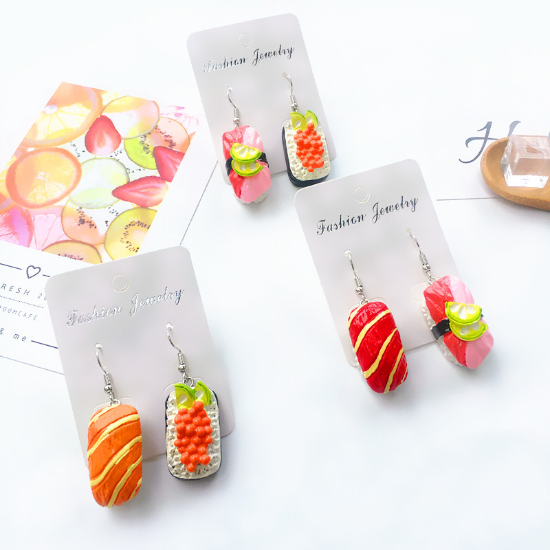 Cute Creative Asymmetric Sushi Salmon Resin Earrings display picture 1