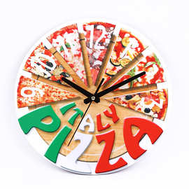 复古挂钟创意时钟clock木质静音客厅圆形挂钟厨房PIZZA北欧钟表