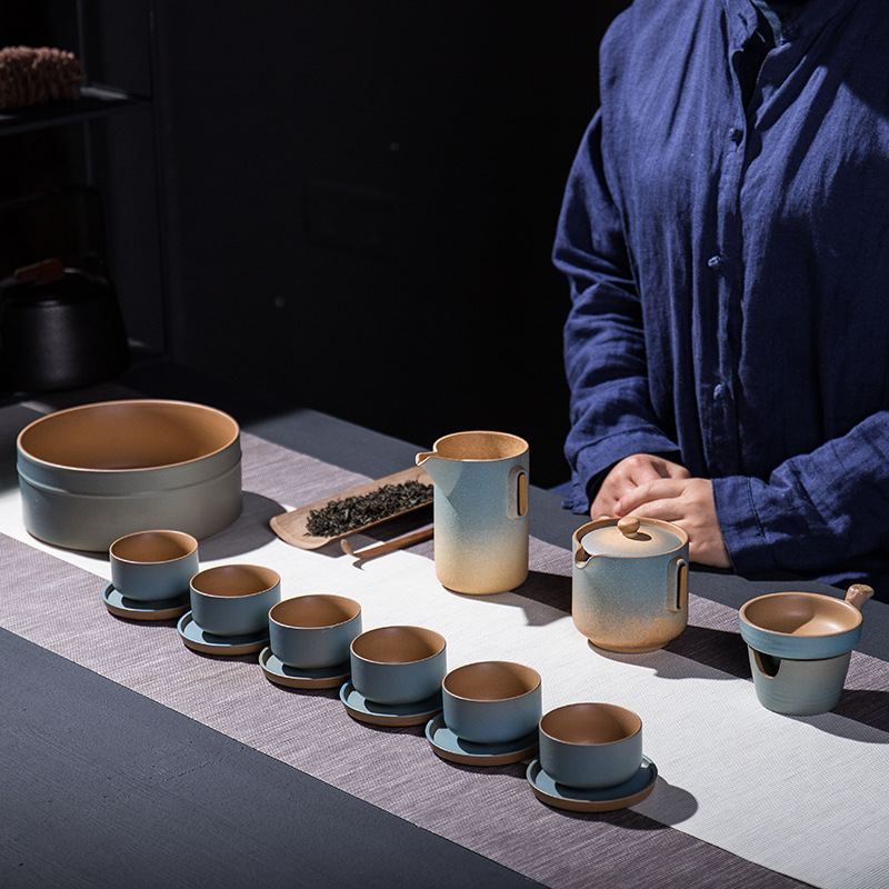 渐变粗陶茶具创意套装茶洗日式茶壶带杯垫过滤个性定制家用新品