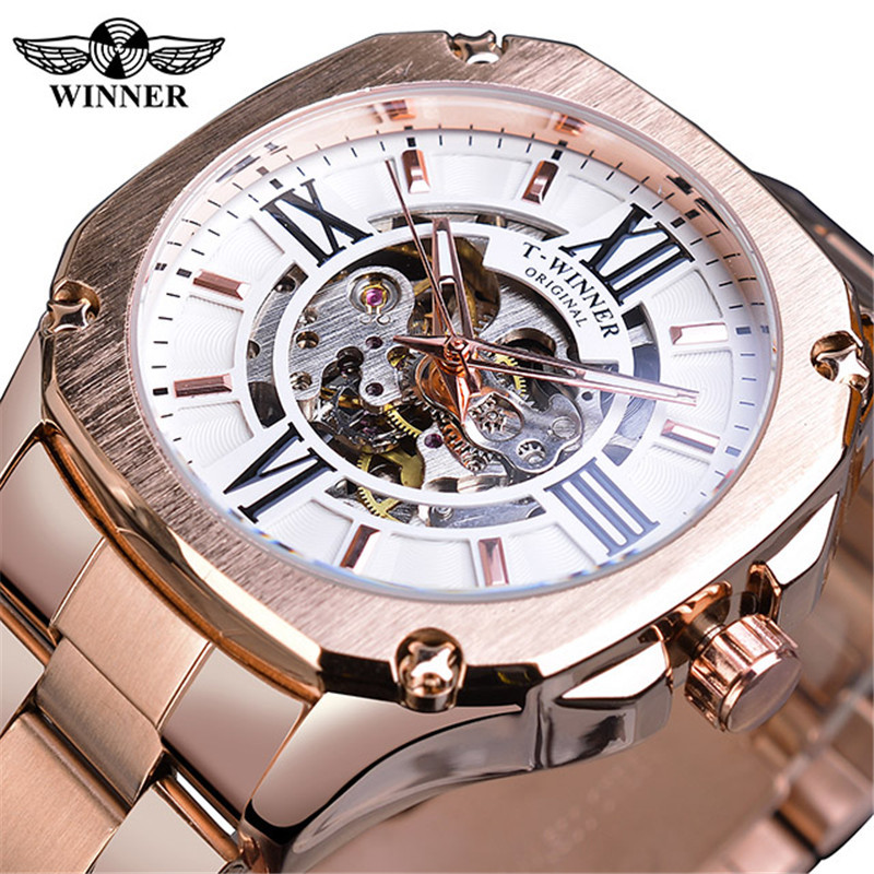 WINNER correa de acero casual para hombres reloj mecánico automático cuadrado hueco transparente inferior moda reloj mecánico Oro