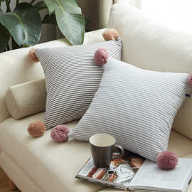 北欧彩色条纹色织格子四角球球抱枕 美式样板间卧室床头腰枕靠垫