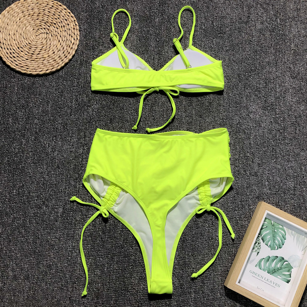 Bikini de cintura alta con tiras Traje de baño dividido para mujer Traje de baño de color sólido NSDA137