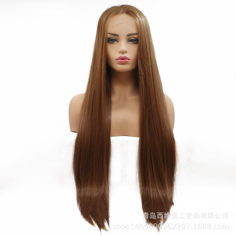 Qingdao Xiavia Wig Hand-Woven Front Lace Brown Long Straight Hair High Temperature Silk Middle Parted Daily Headgear Qingdao Xiavia Wig Hand-Woven Front Lace Brown Long Straight Hair High Temperature Silk Middle Parted Daily Headgear