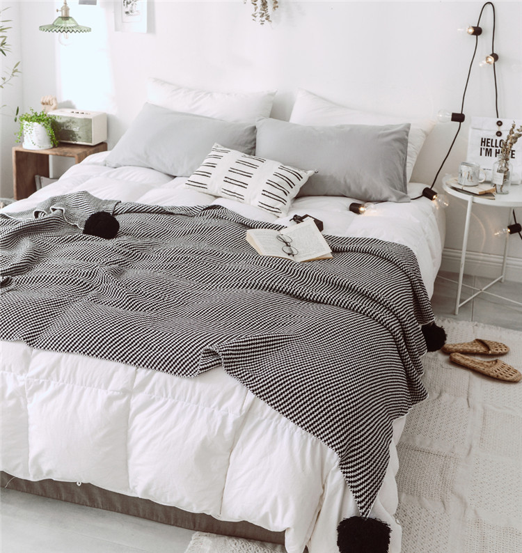 Lehká luxusní severská jednoduchá celobavlněná černá keprová deka do hotelové ložnice, vlněná deka, povlečení_voghion.com