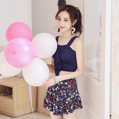 温泉泳衣女保守小清新裙式平角分体两件套小胸聚拢学生韩版游泳衣|ru