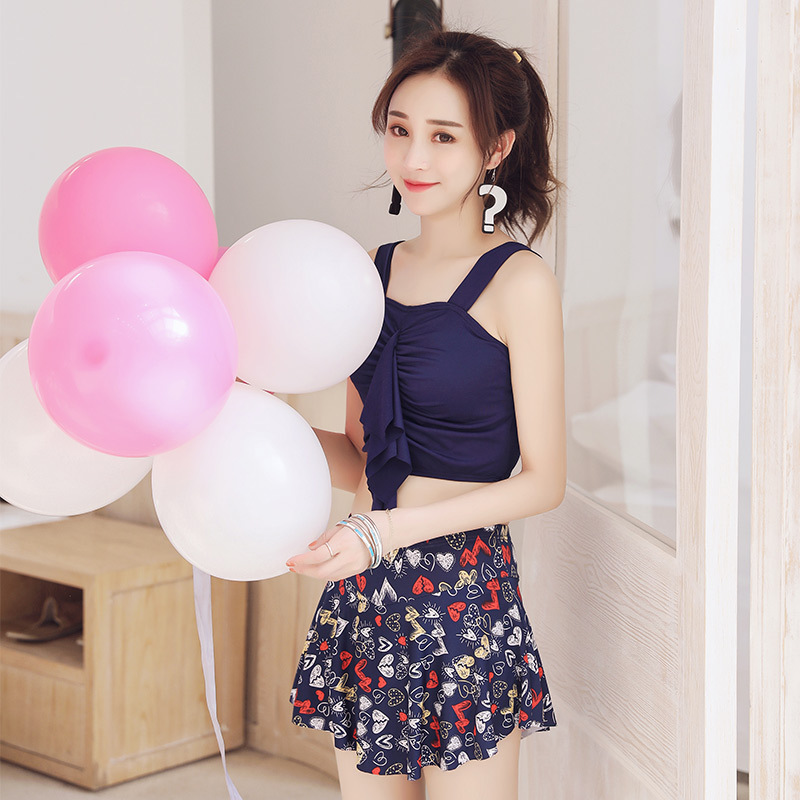 温泉泳衣女保守小清新裙式平角分体两件套小胸聚拢学生韩版游泳衣|ru