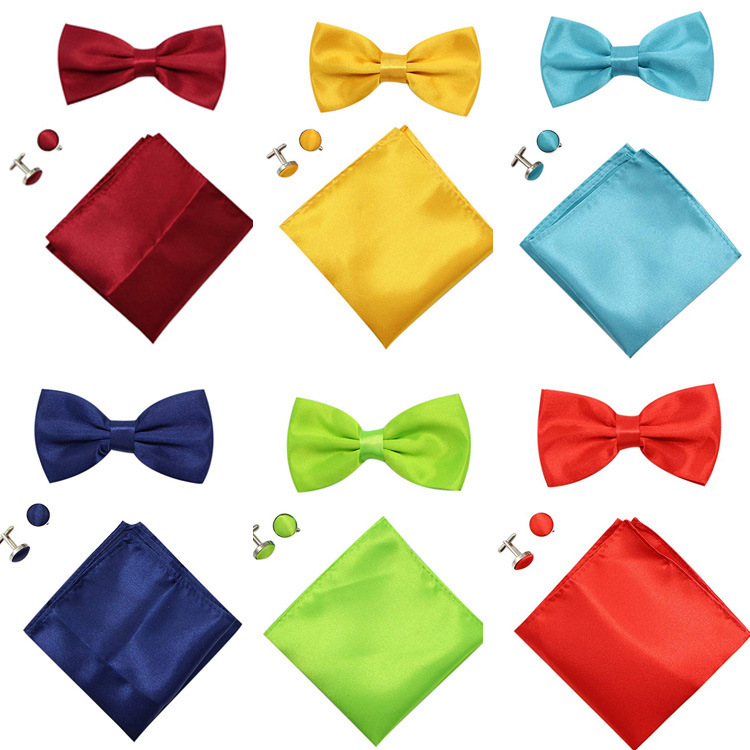 Bow tie cufflinks set men's solid color Square pocket towel bow tie three-piece set silk monochrome cross-border supply Bow tie cufflinks set men's solid color Square pocket towel bow tie three-piece set silk monochrome cross-border supply