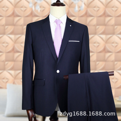 2019一粒扣韩版修身深宝蓝西装西服套装结婚礼服商务套装 职业装|ms