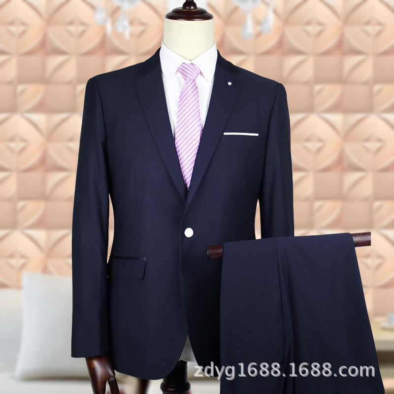 2019一粒扣韩版修身深宝蓝西装西服套装结婚礼服商务套装 职业装|ms