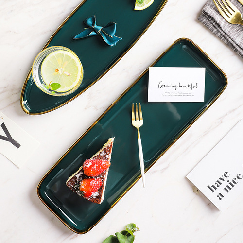 Nordic gold edge ceramic tableware dark green square bowl plate steak plate dessert plate salad bowl hotel storage tray tray