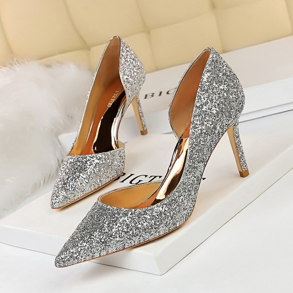 Sexy Night Club High-heeled Shoes Shallow Point Side Hollow Flash 