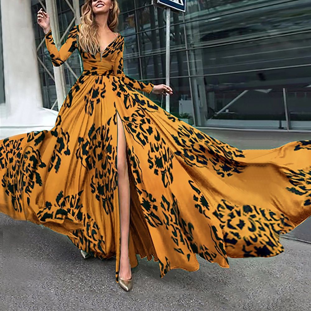 2020 Summer European and American foreign trade women's cross-border new ebay deep v-neck long sleeve printed large swing dress New