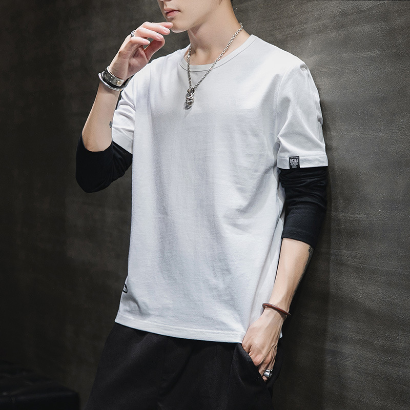 T-sh a maniche lunghe da uomo di inizio autunno, girocollo coreano a contrasto, tutto in cotone, sottofondo di vendita caldo vuoto casual_voghion.com