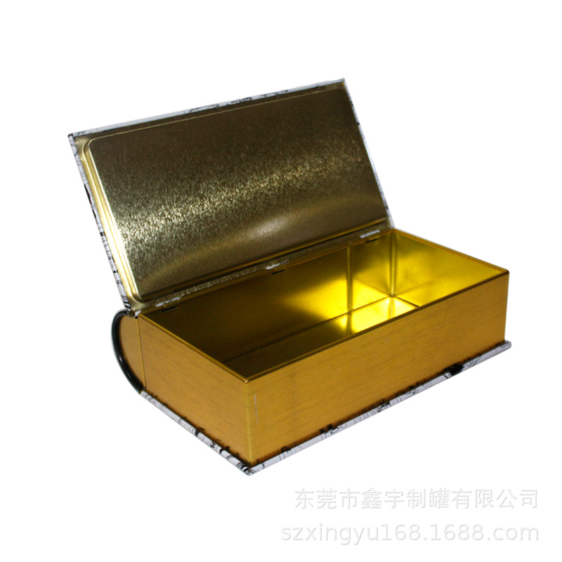Fuente de fabricación metal lata de libro de forma especial caja de galletas redonda libro de té lata de almacenamiento