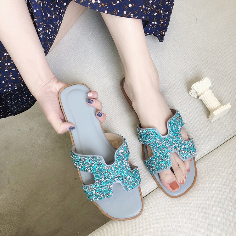 Summer New Women's Shoes Flat Soft Bottom Bright Diamond Version Fashion Women's Slippers