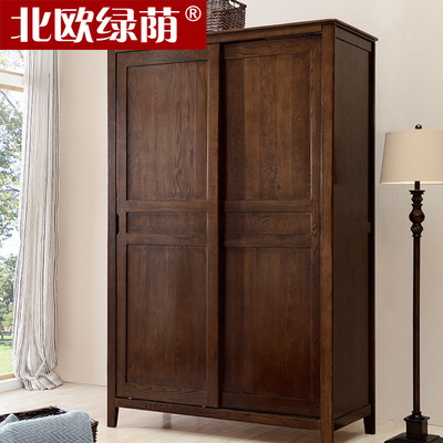 红橡木移门衣柜 简约美式全实木推拉门衣橱纯木质储物柜工厂直销|ms