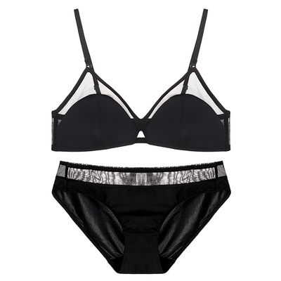 网纱镂空夏季超薄光面黑色三角杯蕾丝文胸法式性感内衣无钢圈女|ru