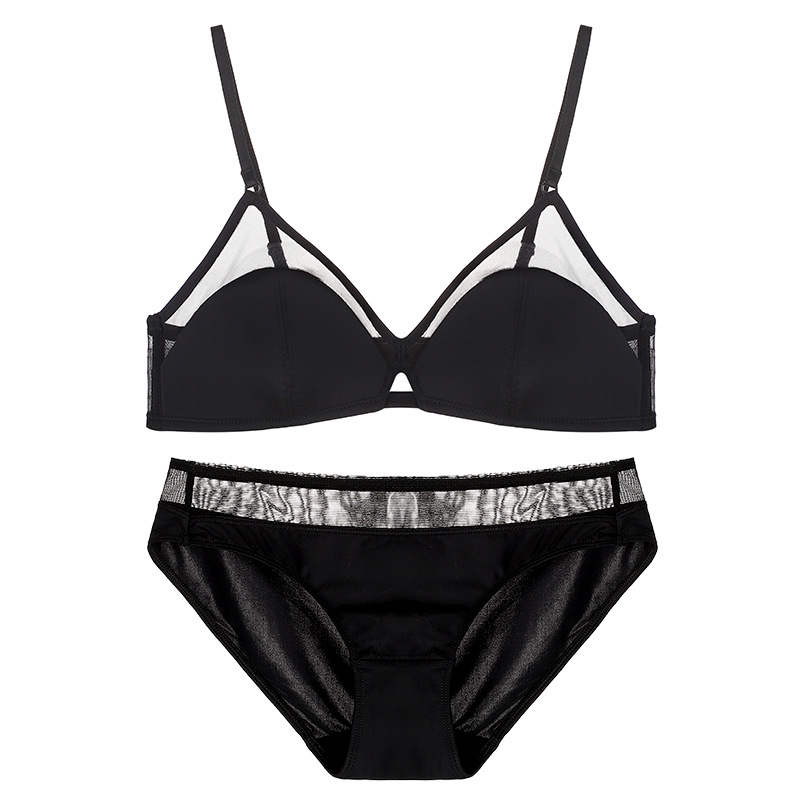 网纱镂空夏季超薄光面黑色三角杯蕾丝文胸法式性感内衣无钢圈女|ru