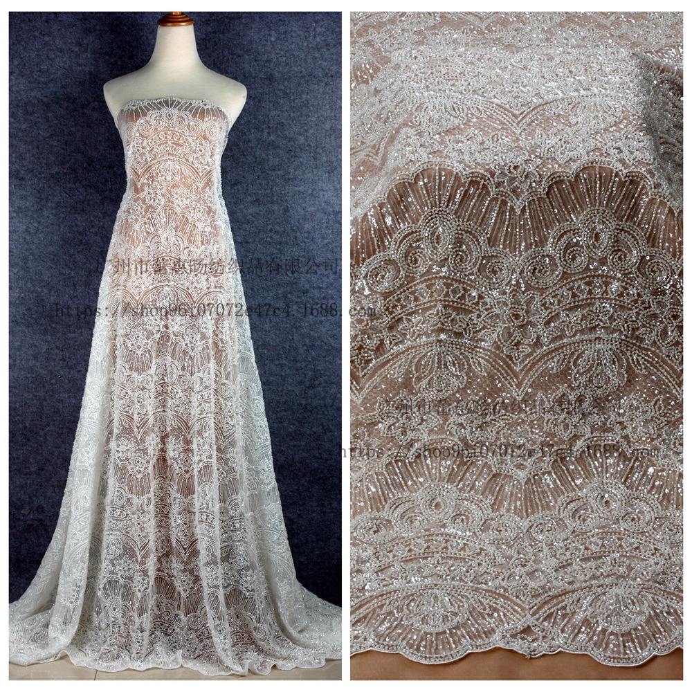 白色超重工串珠婚纱礼服蕾丝面料 网纱刺绣亮片布料 高定服装布料