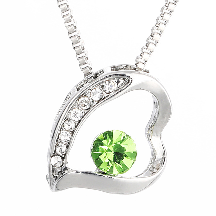 Heart Shape Women's Diamond Earrings Necklace Set - Alloy Gold PVD Pendant with Box Chain - Green Earrings Pair for Women detail image 7