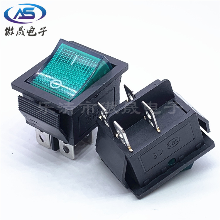 绿色带灯船型开关KCD4 4脚绿色带灯翘板开关 压面机 医疗器械开关