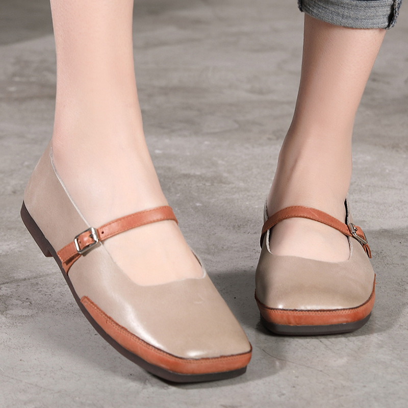 Manufactor Spring and summer new pattern genuine leather Square Flat bottom Retro Women's Shoes literature Sen family Ethnic style manual Single shoes wholesale