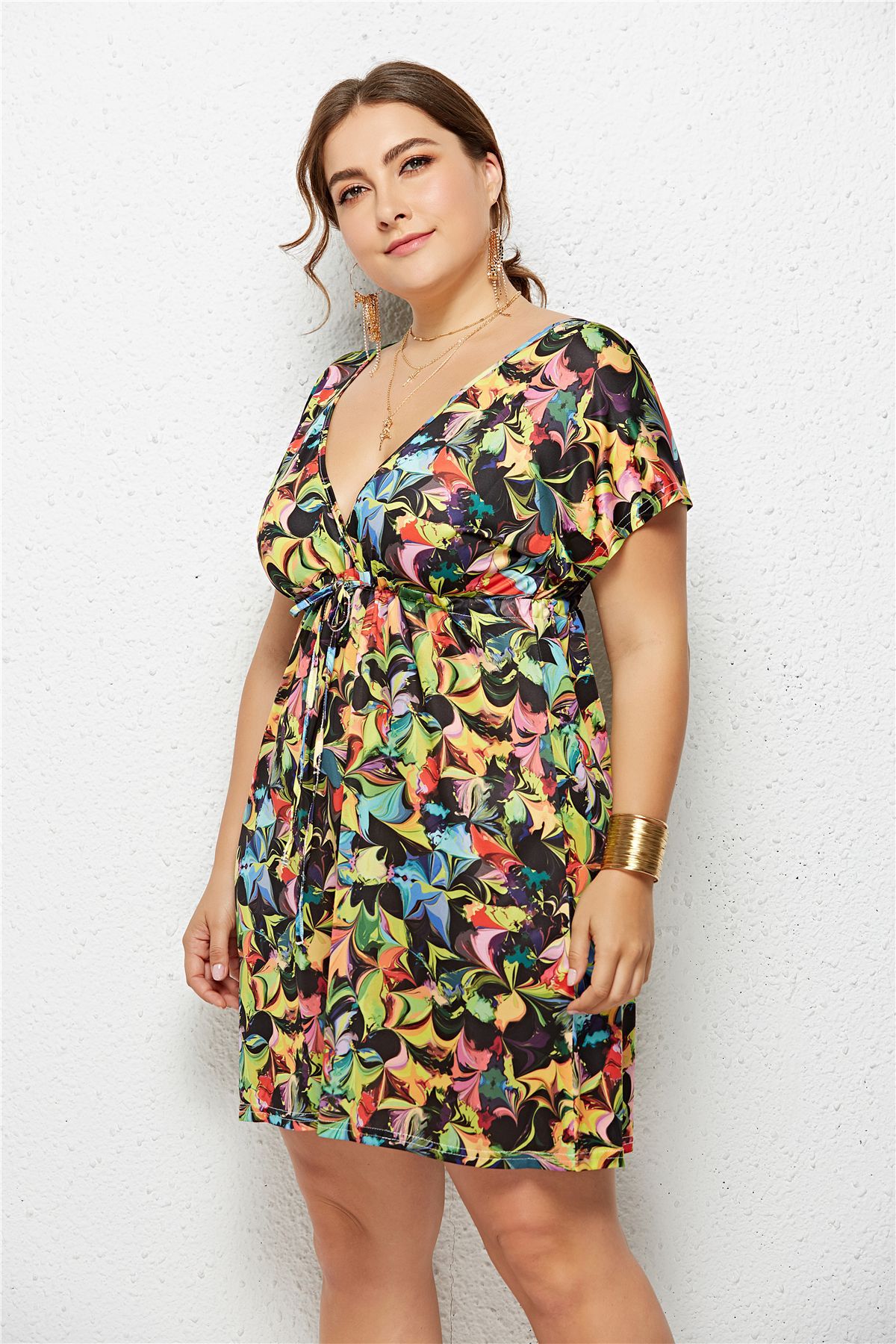 plus size sexy V-neck elastic waist printed dress  NSLM33280