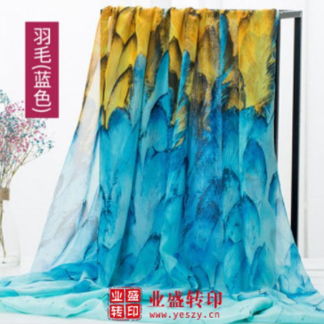 蓝色羽毛布匹印花 涤纶数码印花 双色涤纶细麻面料
