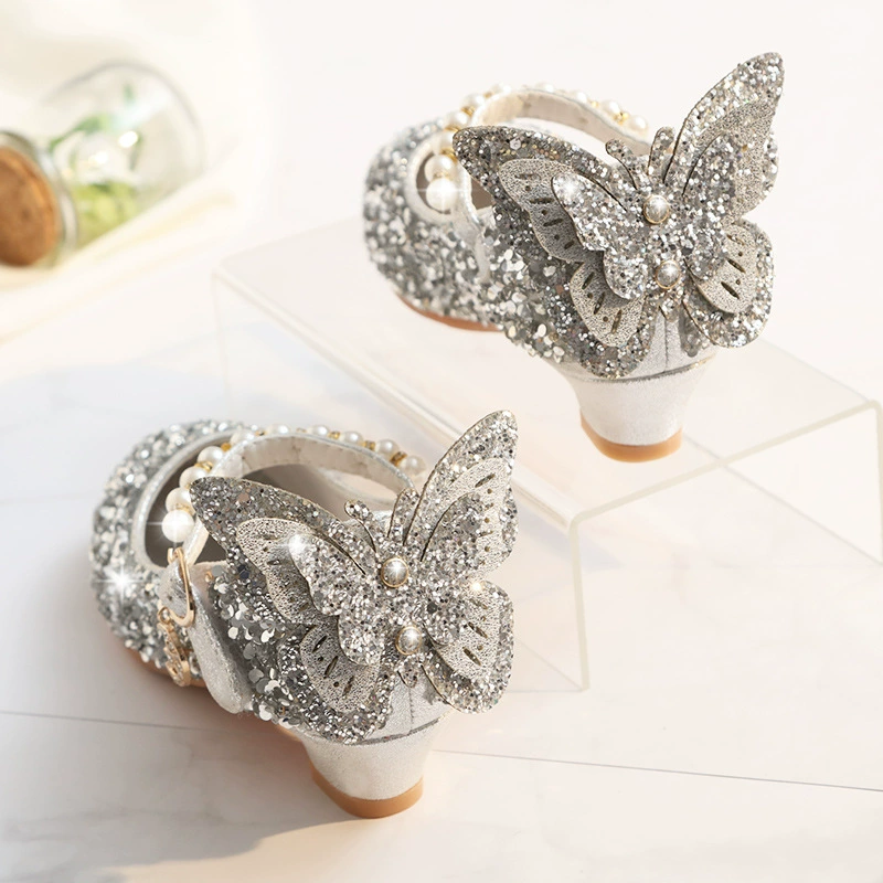 Туфли на высоком каблуке для девочек Elsa Princess 2026, весенне-летние, с пайетками и кристаллами, маленькие кожаные туфли, серебряные, для выступлений, туфли принцессы