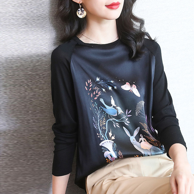 Long Sleeve Woman New Printed Stitching Knitted T-shirt