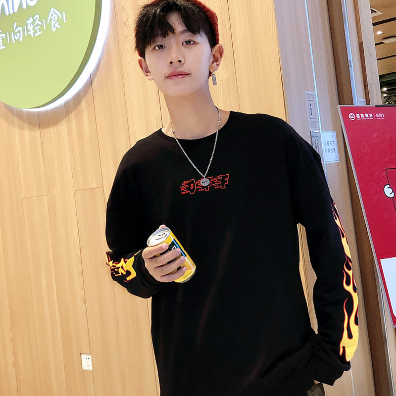 街頭潮男圓領衛衣彈力面料特殊火紋裝飾2019新款春秋時尚百搭男裝