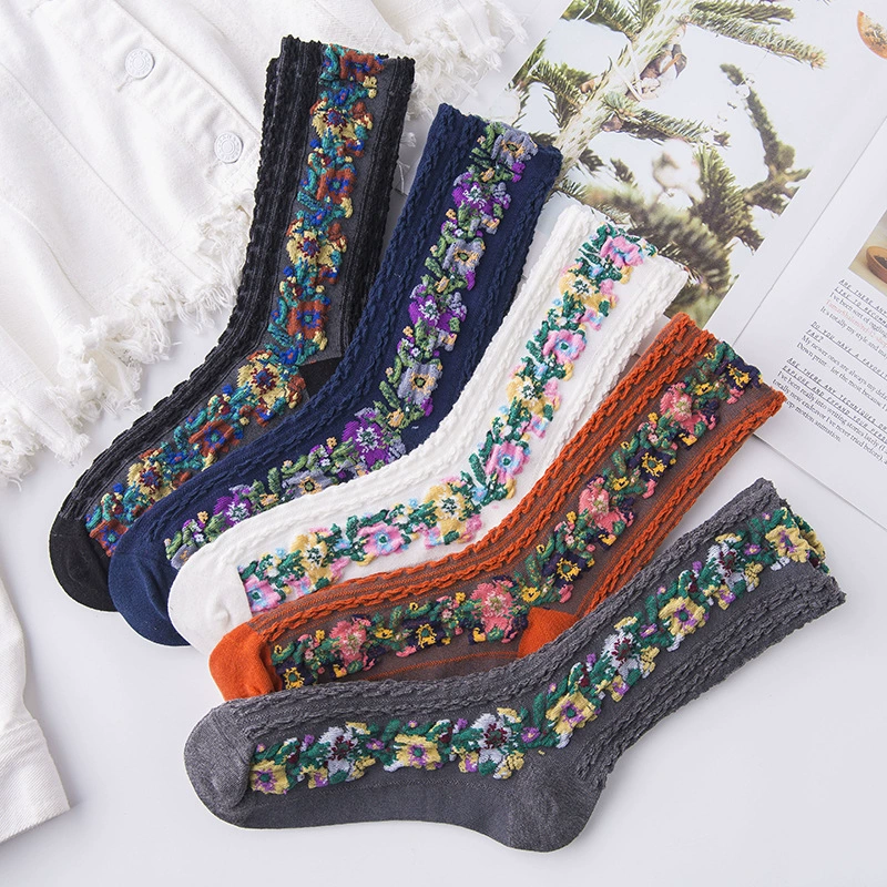 Деми-сезонные хлопковые ретро тонкие knee socks (колготки до колена) средней длины, с флористическим принтом