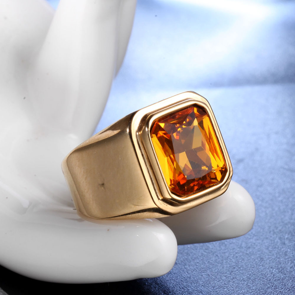 Daily Occasion Retro Square Titanium Steel Inlay Gem Glass Stone 18K Gold Plated Men'S Rings