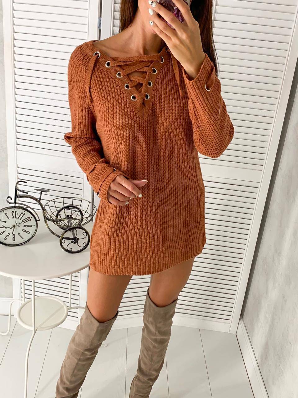 V-Neck Lace-Up Buttoned Mid-Length Knitted Dress NSJXW105447