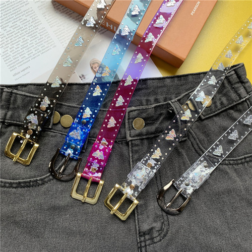 Transparent laser belt for women jelly belt for women plastic belt candy fluorescent butterfly decoration pvc thin belt