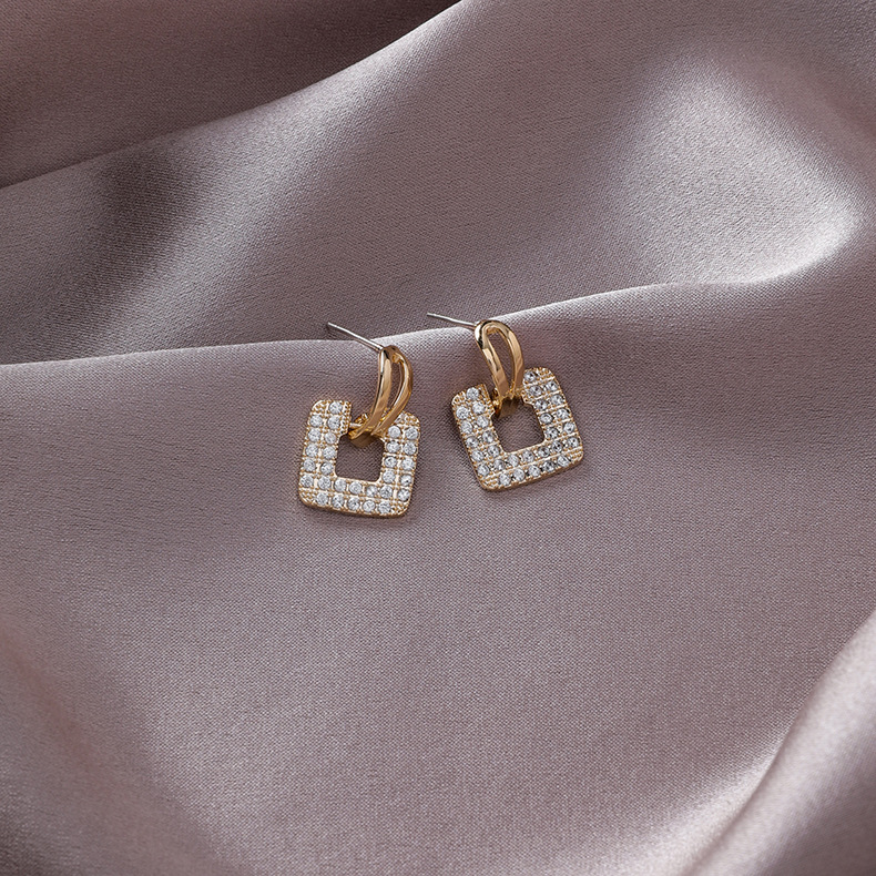 925 Silver Pin Fashion Short Micro-inlaid Zircon Square Earrings Small Wild Girl Temperament Earrings Popular New display picture 5