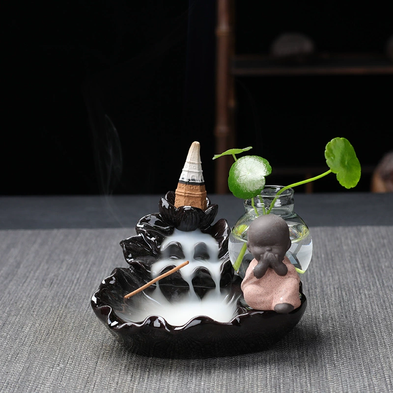  ceramic backflow incense burner (zisha) with xiao monk, flowing water design, home & office