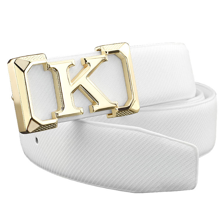 Neu Weiß männer Echtes Leder Glatte Schnalle Business Rindsleder Koreanische Version Casual Jugend Gürtel Buchstabe K_voghion.com