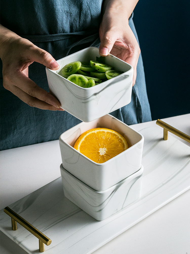 Estilo Luz de lujo mármol bandeja Hotel tarde té snack plato rectangular tres-rejilla de cerámica ensalada de fruta