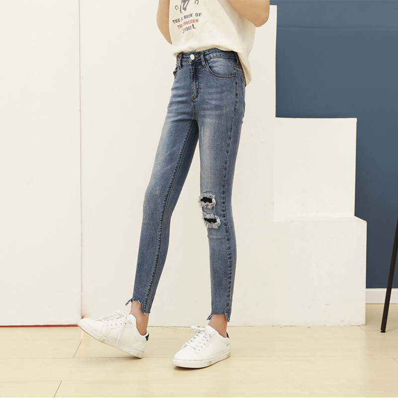 休闲女裤hhn女装秋冬新款春款膝盖破洞补丁牛仔裤女贴布跨境外贸