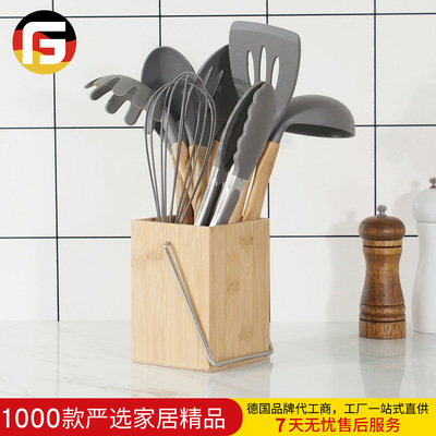 亚马逊新款竹柄硅胶厨具套装带厨具桶 烹饪工具不粘锅适用铲勺|ru