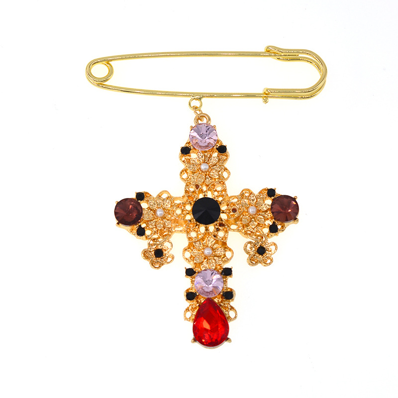 Retro Cross Bang Hollow Color Crystal Brooch display picture 2