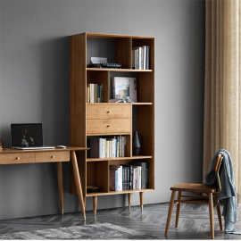 北欧实木书柜白橡木简易小书架黑胡桃木书橱樱桃木书房家具博古架