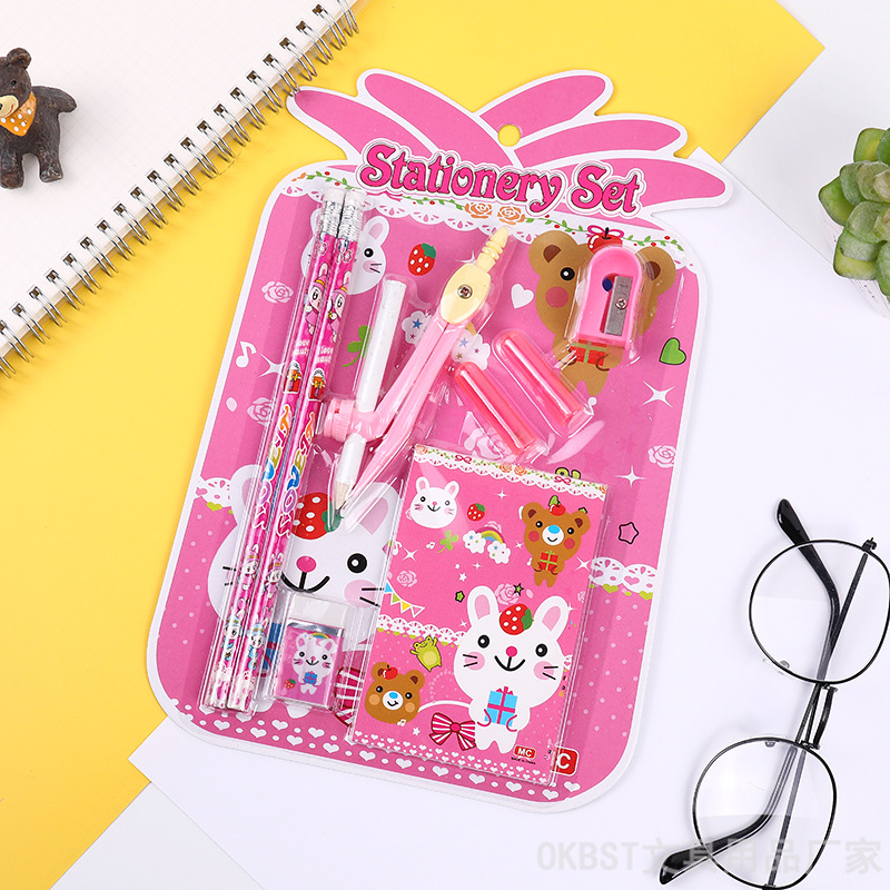 Ventas directas de fábrica diversos niños papelería combinación bolsa de regalo estudiante suministros escolares 8-pieza brújulas lápiz traje